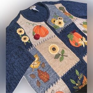 Vintage Fall Autumn Thanksgiving Blue Patchwork Embroidered Knit Zip Sweater 1X